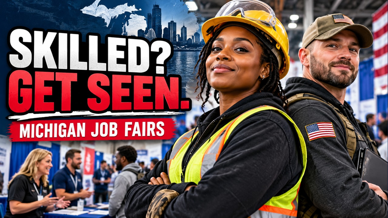 Illustrated cover for Detroit Job Fairs 2026. Search Detroit Jobs Near Me.